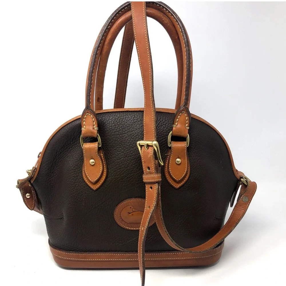 Vtg Dooney & Bourke All Weather Leather Dome Satchel Brown Crossbody Bag USA *